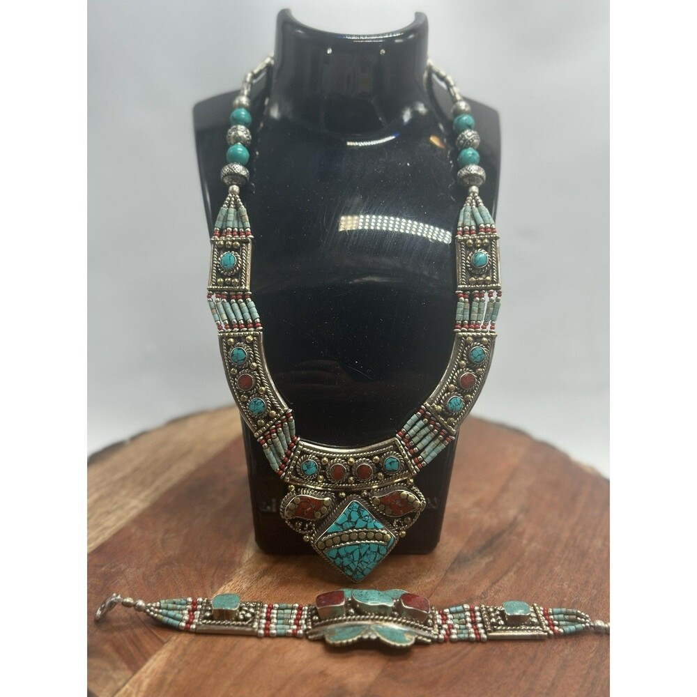 Tibetan Nepalese Turquoise, Coral, Sterling Necklace & Bracelet Set